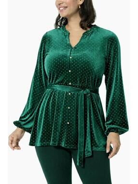 NWT Colleen Lopez Green Velvet Studded Belted Peplum Blouse Size Medium